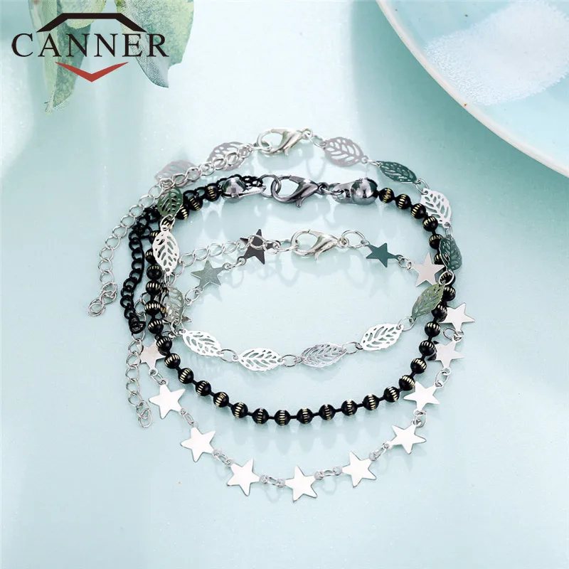CANNER Creative Multilayer Leaves Star Beads Anklet Bracelets Fashion Jewelry Anklets Set for Women TW