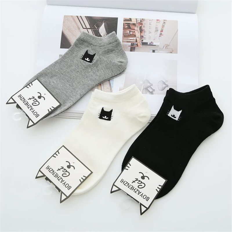 

3pair/lot Spring cartoon embroidery cat socks for women cotton female casual cute short socks ankel sock mujer meias 2019