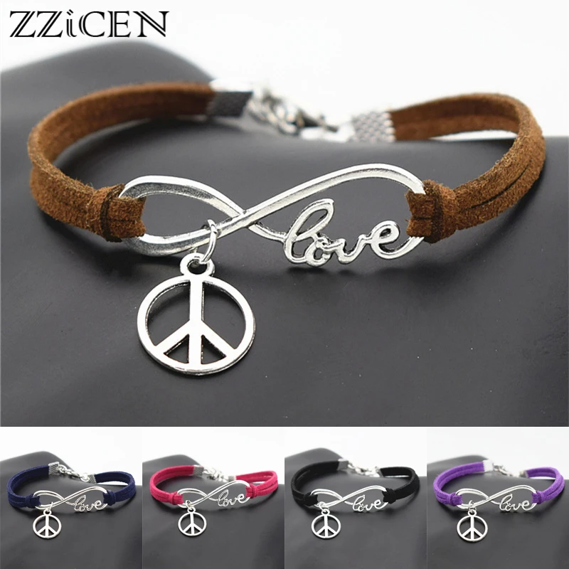 Fashion Causal Antique Peace Symbols Round Cross Charms Pendant Leather Bracelets for Men Women