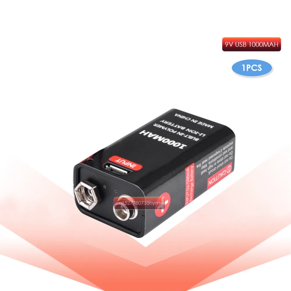 

1pc usb rechargeable battery 1000mAh 6F22 lithium cell 9v battery for microphone Guitar EQ smoke alarm multimeter