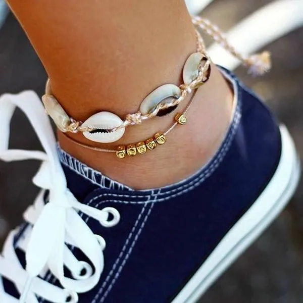 

Vintage Antique Gold Color Anklet Women shell sequins Beads Geometric Bracelet Charm Bohemian Ankle Bracelet Boho Foot Jewelry