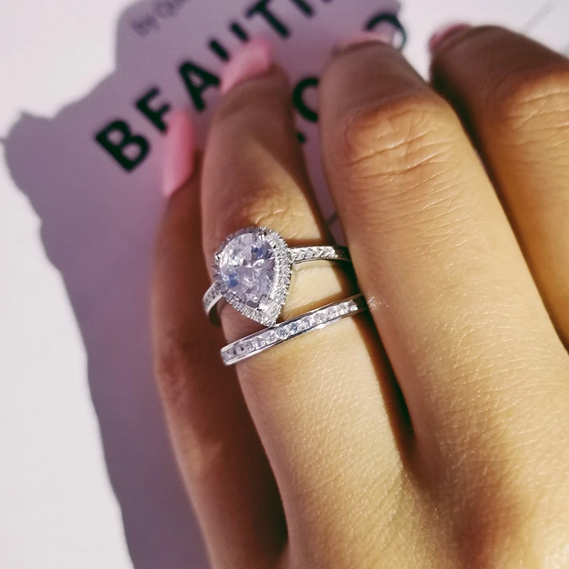 Skup Prawdziwe 925 Sterling Silver kształt gruszki cyrkon zestaw pierścieni ślubnych dla nowożeńców kobiety mężczyźni Finger prezent afryka biżuteria LR4827S