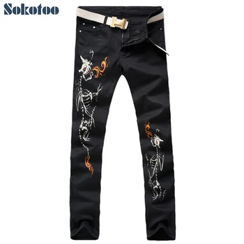 

Sokotoo Men's black skull alien fire print jeans Casual slim colored pattern stretch denim pants