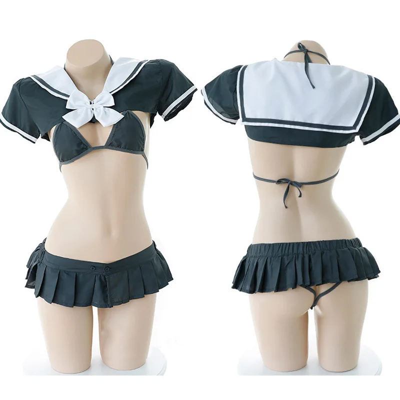 Günstige Schule Mädchen Cosplay Bikini Sexy frauen Dessous Studenten Outfit 3 PCS Set Bh   Höschen   Smock Set Shimapan bikini Grau