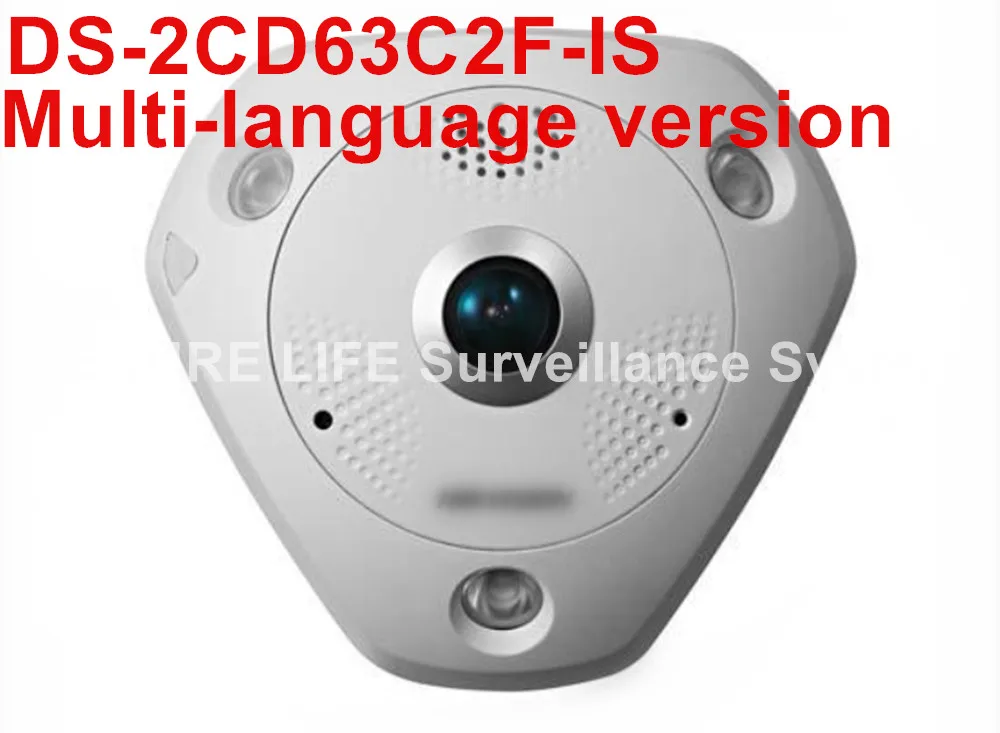 Free shipping DS-2CD63C2F-IS multi-language version12MP Fisheye Network Camera 360 degree view angle ip camera with mic speaker