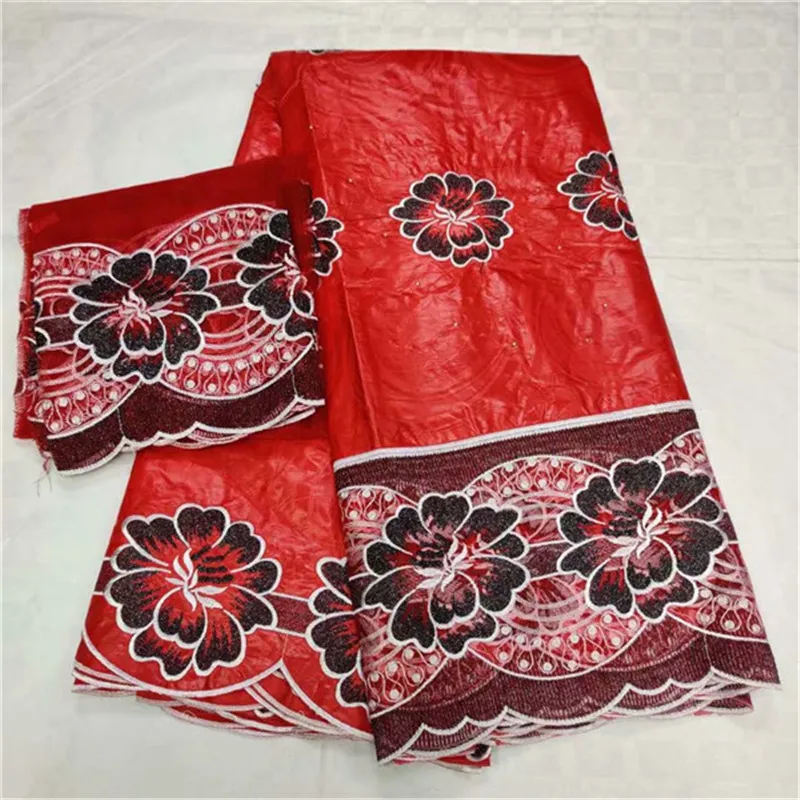 

Red African fabric african tissu bazin riche getzner with beads brode getzner with 2 yards french net lace for party