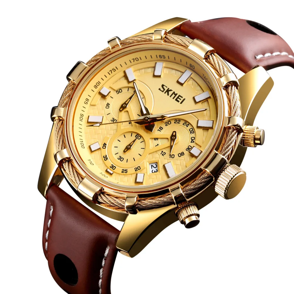 

Skmei Men Men's Chronograph Analog Quartz Watch with Date StopWatch Waterproof Leather Strap Wristswatch for Man