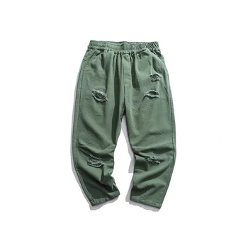 

Spring Men Green Hole Hip Hop Pants Thin Straight Mens Cargo Pants Plus Size Elastic Waist Loose Cotton Ripped Boy Trousers Male