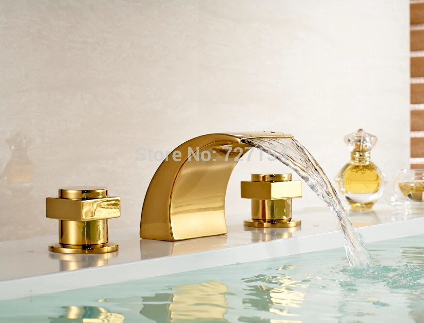 

Free Shipping! Golden Finish Dual Handles Bathroom Basin Faucet Deck Mounted Vanity Sink Mixer