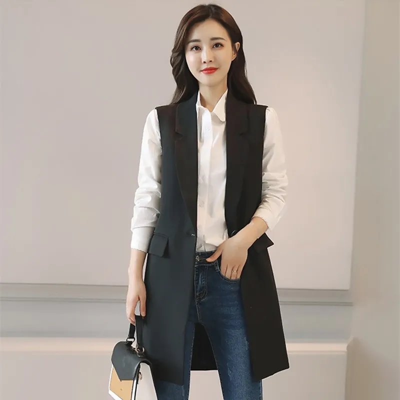 British Style Slim Sleeveless Vest Women Large Size Suits Vest Casual Autumn Vest Black Long Jacket