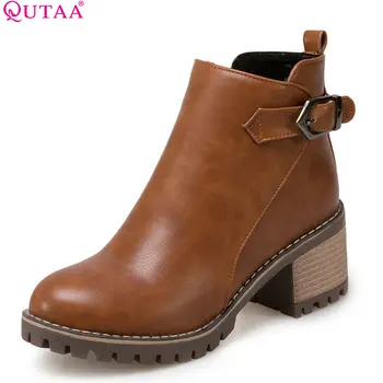 

QUTAA 2020 Fashion All Match Women Ankle Boots Square High Heel Women Shoes Round Toe Zipper Pu Leather Women Boots Size 34-43