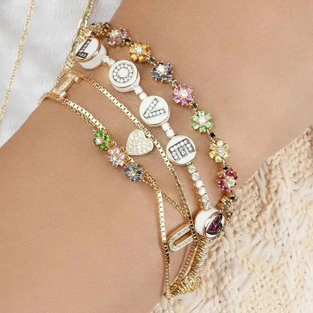 

2019 gold silver color flower charm colourful cz fashion jewelry for women lucky rainbow multi color CZ trendy bangle bracelet