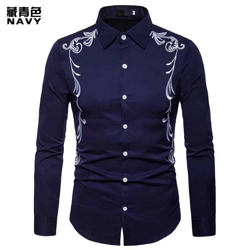 العلامة التجارية متفوقة جودة الخريف جديد الرجال قميص المطرزة طية صدر السترة كبيرة الحجم عارضة ضئيلة طويلة الأكمام قميص camisa الغمد