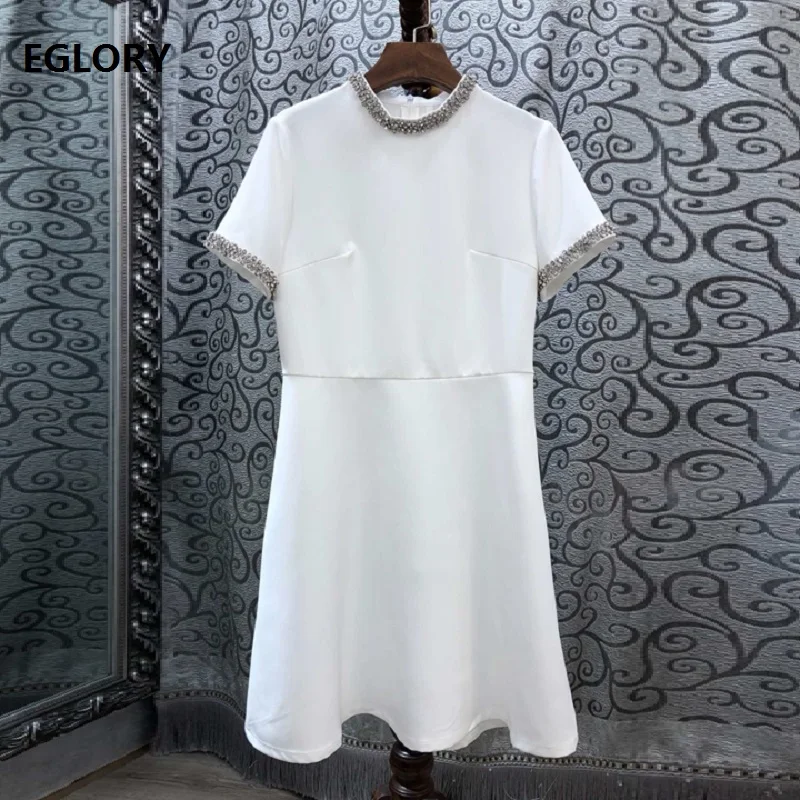 

Elegant Office Dress 2019 Summer Style Women Diamond Beading Short Sleeve Slim Fitted A-Line Black White Party Lux Dress OL