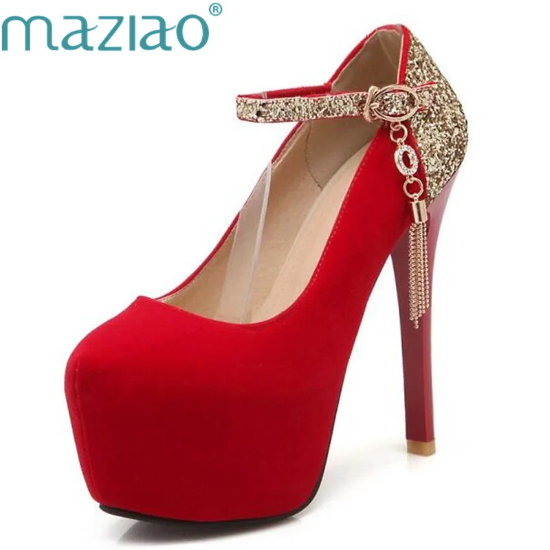 

MAZIAO Big size 34-42 Women Pumps Shimmery Belt Mary Jane Party Wedding Shoes Woman Metallic Chains High Heels Platform Pum