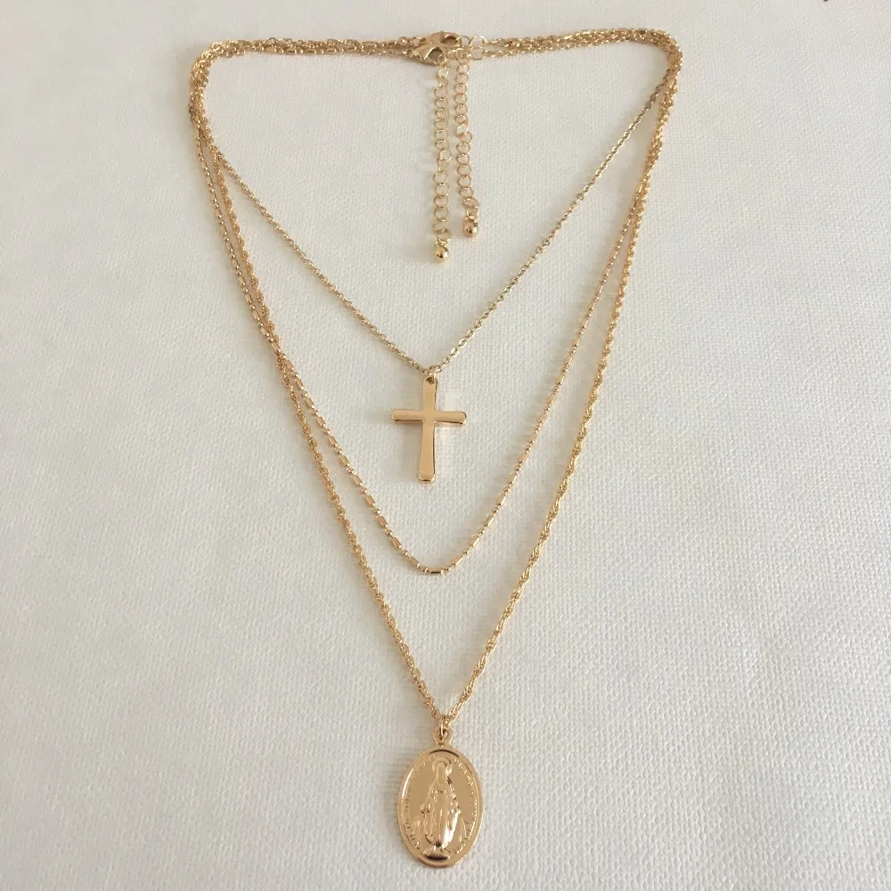 

TRENDY NECKLACE GOLD COLOR PLATING SAINT MARY CROSS PENDANT THREE LAYERED NECKLACE FOR WOMEN GIRL