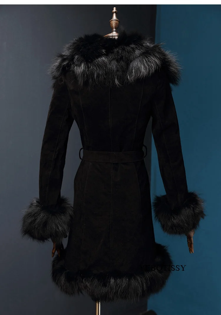 Женское длинное пальто из натуральной кожи с воротником из натурального Лисьего меха, замшевый мех, куртка из натуральной кожи, тонкий пояс, женская зимняя свиная кожа
