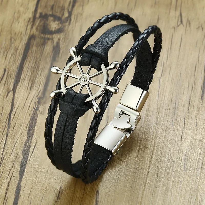 Leather Bracelet Leather Bangle Men Sailor Rudder Multilayer Leather Bracelet Nautical Bangles for Men