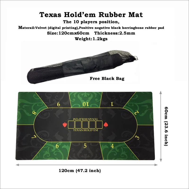1 шт. Texas Hold'em резиновый коврик для игры в покер, настольный топ с цифровой печатью, замшевая раскладка казино с сумкой для переноски, размер: 60x120 см - Цвет: Светло-зеленый