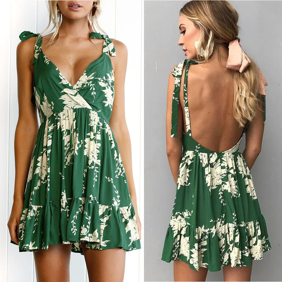 

Summer Dress Women Deep V Neck Sexy Dress Female Backless Sleeveless Print Sexy Dress Bohemia High Waist Mini Dress Vestidos