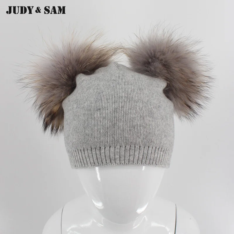 

Kids Cashmere Hats for Boys and Girls Double Fur Pompon 2Layers Thick Warm Winter Beanie Caps