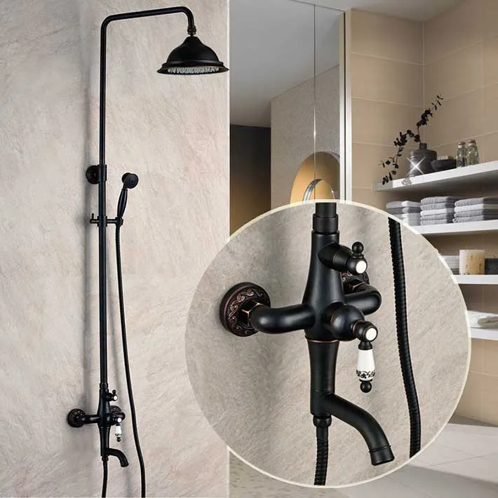 Luxury Exposed Bathroom Rainfall Shower Faucet Set Tub Mixer Tap Oil Rubbed Bronze