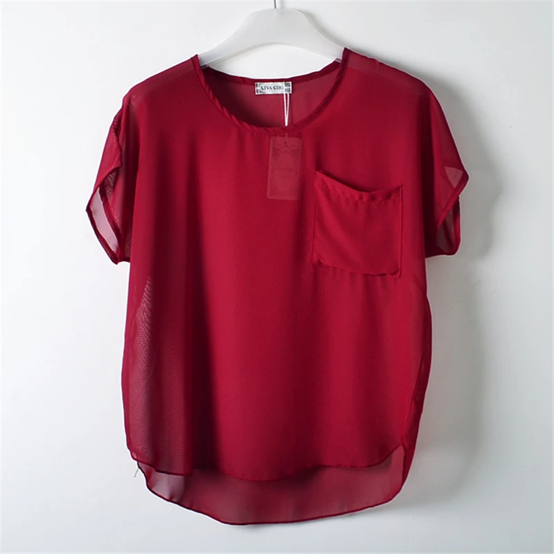 Tinto de Verano Blusas Camisa La Gasa Del O cuello de Manga Corta de Las Mujeres Que Basa La de la Manga Del Batwing Camiseta de Las Muchachas Tops
