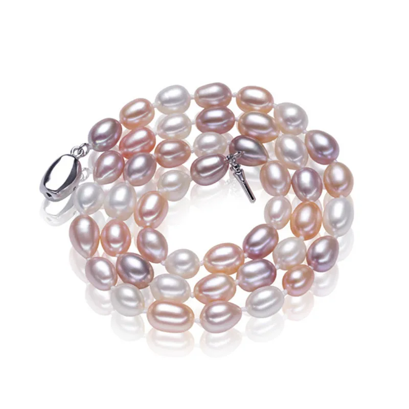 

SNH 7-8mm rice AAA pearl necklace for woman mixed color 925 sterling silver clasp real genuine cultured pearl necklace
