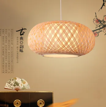 

Round Hand Knitted Bamboo Rattan Pendant Light Cord Fixture Rustic Asian Japanese Style Tatami Lamp Luminaria Dining Table Room