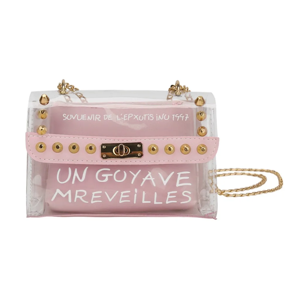

Fashion Transparent Clean Chain Crossbody Clutch Shoulder Bags Sweet Printed Letter Square Phone bag Chain Shoulder bag