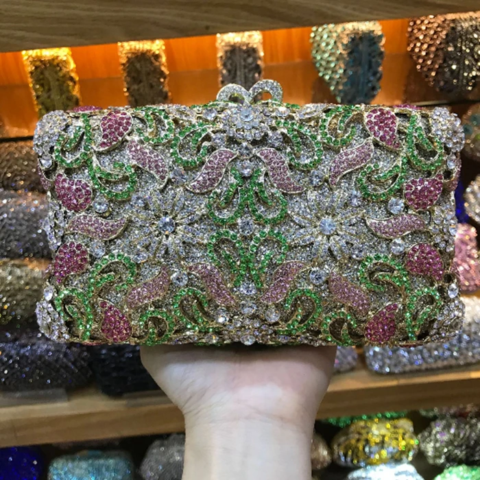 

gold/green/pink/blue/green Newest Flower Crystal Diamond Evening Clutches Bag Wedding Party Prom banquet Clutch Bag Purse female