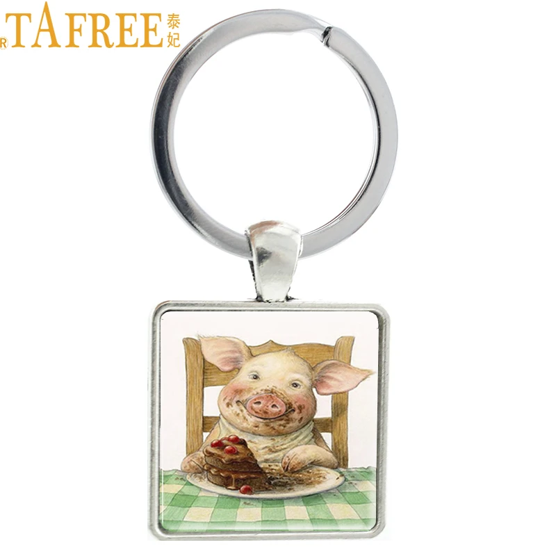 

TAFREE 2017 Happy Pig Art Picture Glass Dome Square Shape Key Ring Holder Animal Pendant Keychains Kids Grils Boys Gift E327