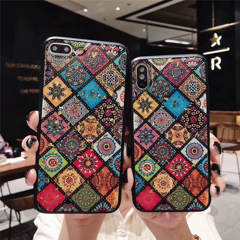 

RHOADA Vintage Nationality Style Phone Case for Iphone Xs Max Xr Anti-knock Glitter Silicon Case for Iphone 6s 7 8plus X Cover
