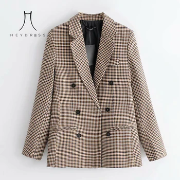 

Heydress women vintage plaid long sleeve jacket double breasted blazer office lady outerwear 2019 autumn new tops