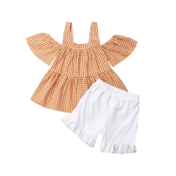 買取 幼児ガール服セット 2019 ニューキッズオフショルダーチェック柄トップシャツ + ショーツパンツ夏の服卸売