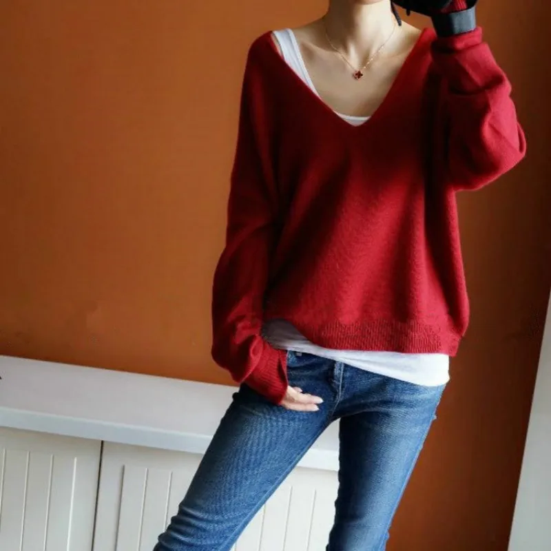 2018 autumn winter cashmere sweaters women fashion sexy v-neck sweater loose 100% wool sweater batwing sleeve plus size pullover Sweaters