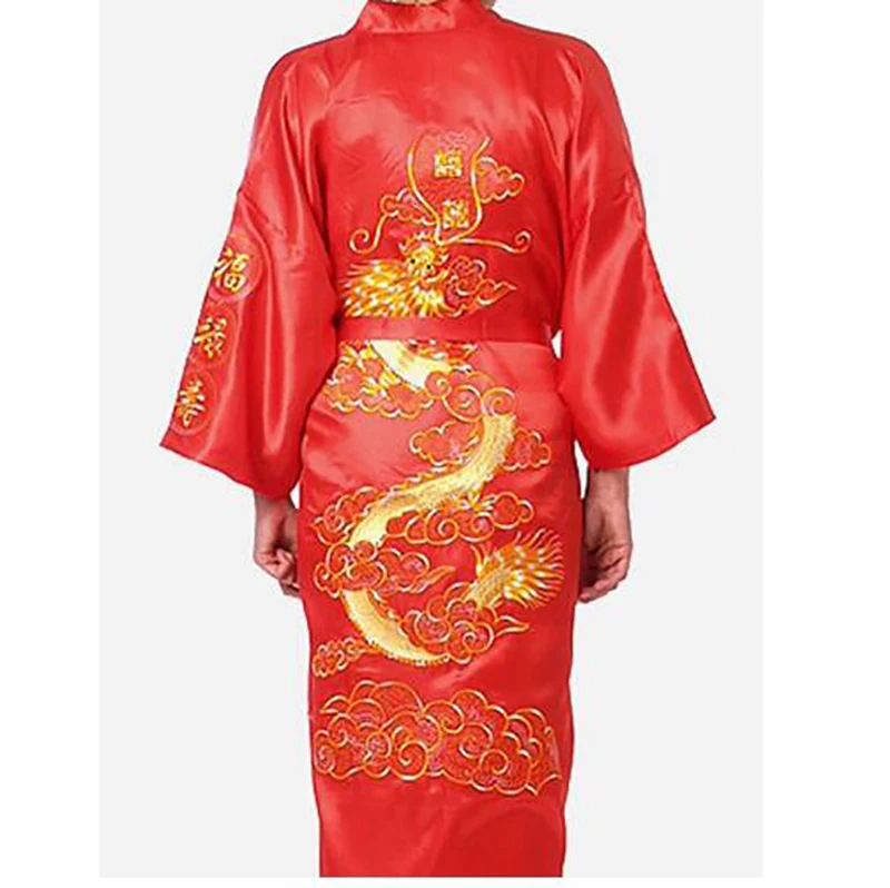 2019 New Chinese Men's Satin Silk Robe Embroidery Kimono Bath Gown Dragon Pattern Bathrobes Home Nightwear