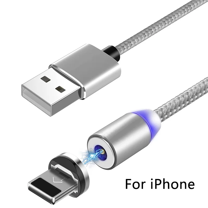 KISSCASE 1 м 2 м светодиодный магнитный кабель для iPhone X, кабель usb type-C для samsung, huawei, Xiaomi, Micro usb кабель для зарядки - Цвет: Silver for iPhone