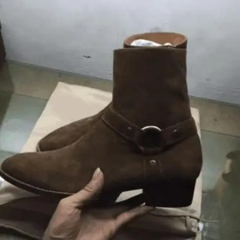 Hot FR.LANCELOT Brand Luxury Quality Darker Brown Suede Buckle Strappy Chelsea Boots Men Ankle Flats Boots