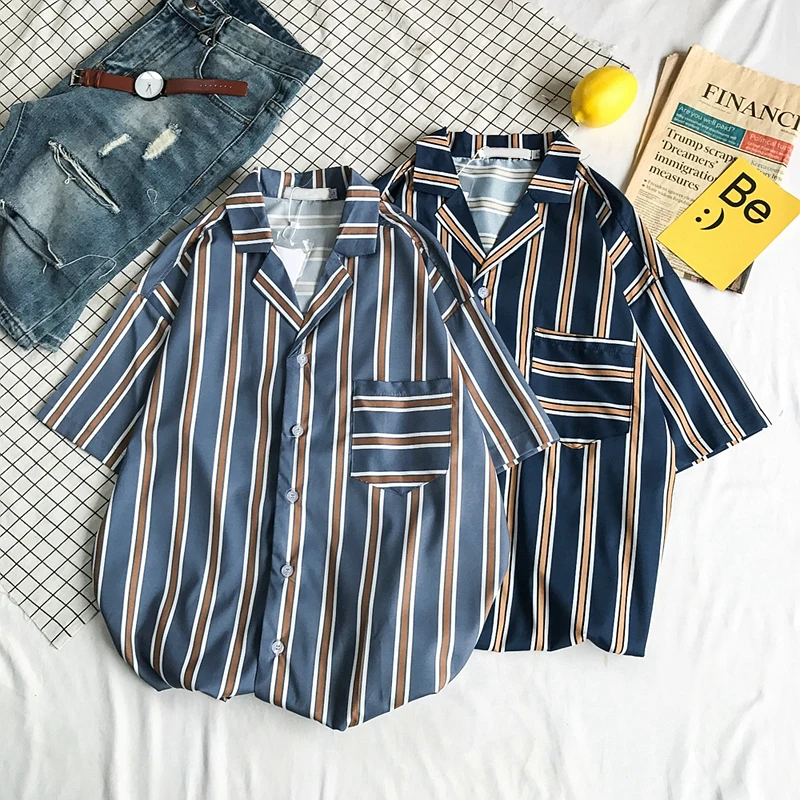 Dark Icon Front Pocket Hawaii Style Beach Shirts Men 2019 Summer Tropical Shirts Striped Shirts for Men Short Sleeve