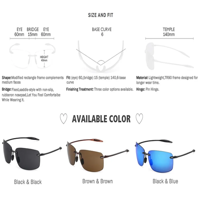 Men Women Sunglasses Pilot Rimless TR90 Frame UV400