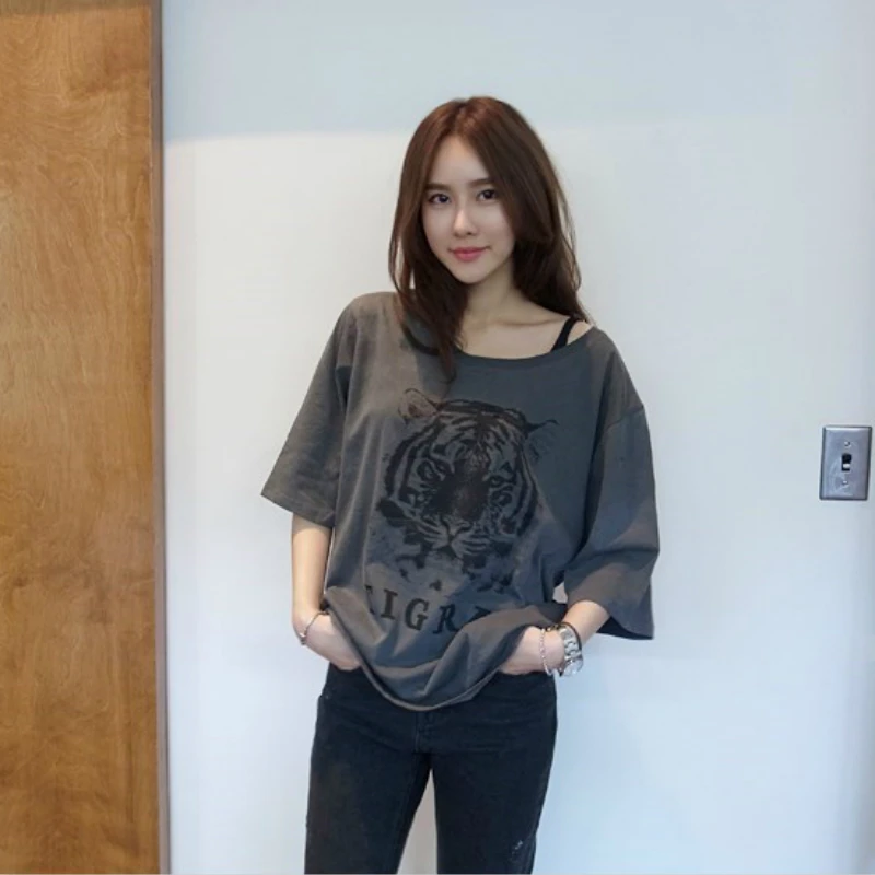 

Large size women's 2019 summer new sleeves T-shirt loose casual comfortable printing tiger HIP HOP shirt women