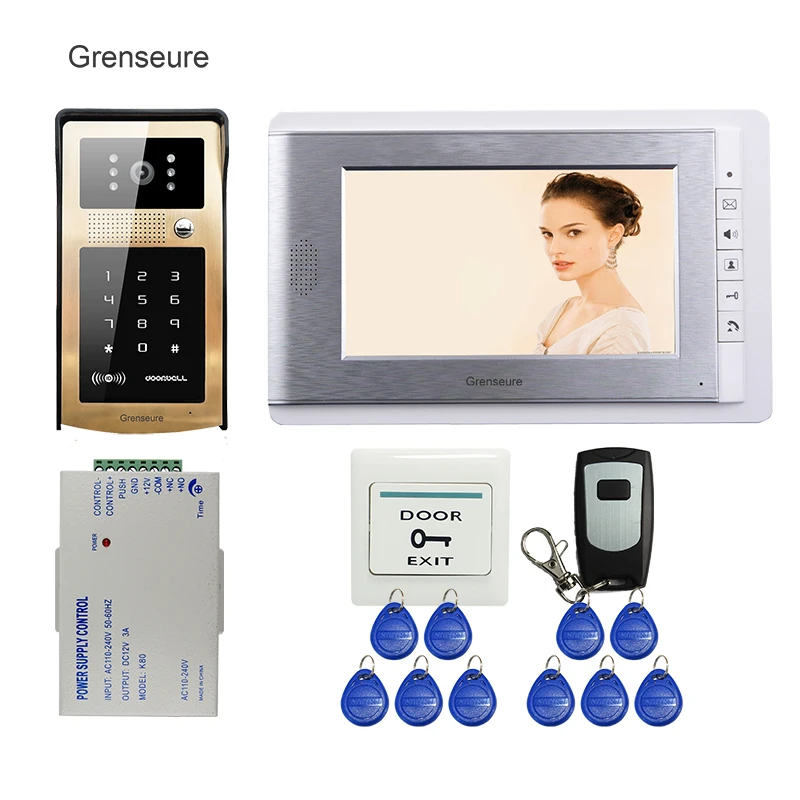 

FREE SHIPPING 7 inch Video Intercom Door Phone System White Monitor + Wateproof RFID Code Keypad Access Doorbell Camera + Remote