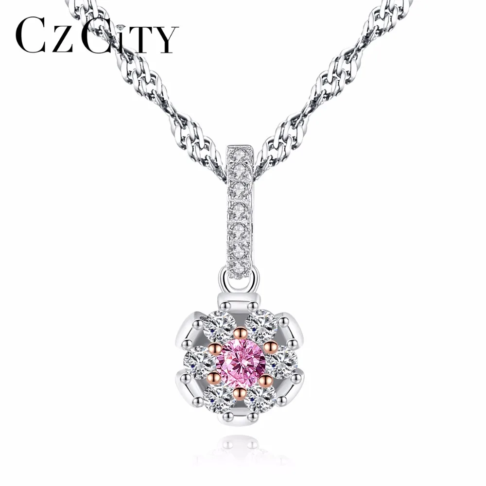 

CZCITY Fashion Flower Shape Pink Crystal Zirconia Stone Pendant Necklace for Women Elegant 925 Silver Sterling Girl Party Chain