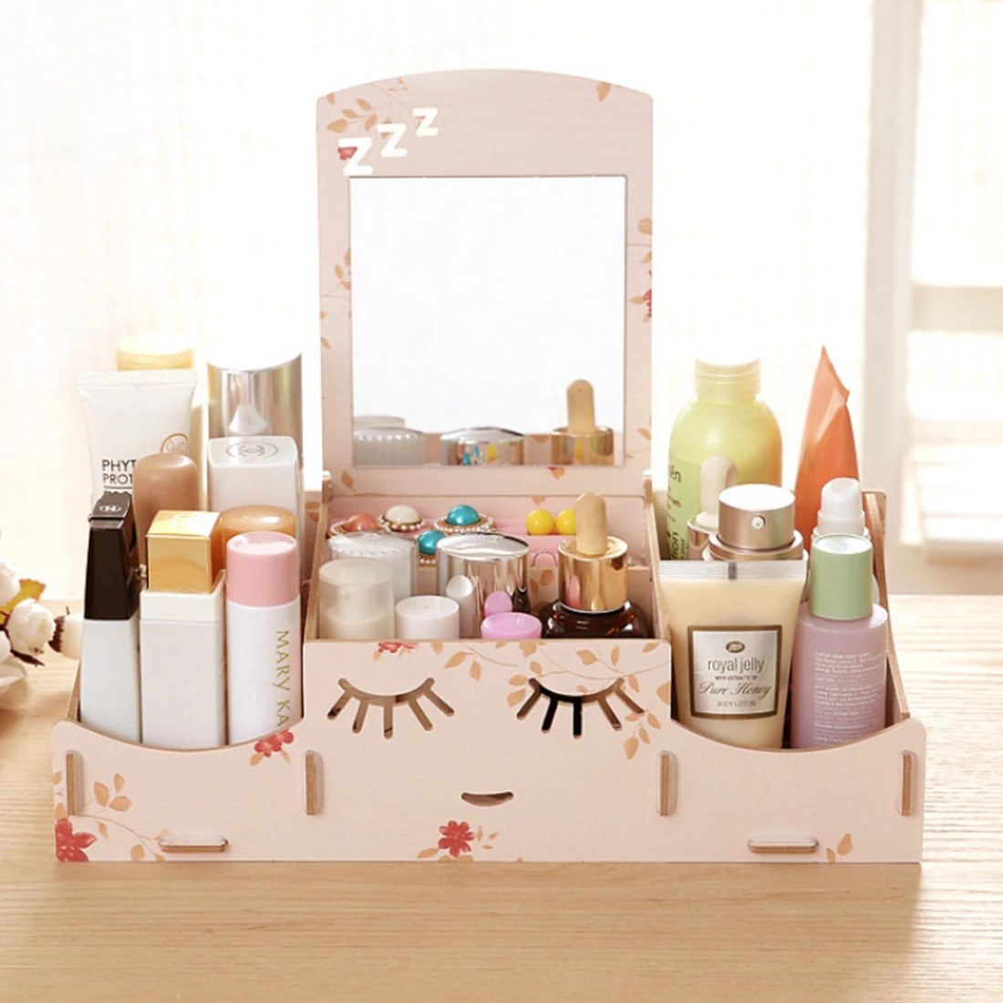 1 pz Smiley FAI DA TE In Legno Scatola di Immagazzinaggio casa Desk Trucco Cosmetico Box Cassa Dei Monili Storage Organizer con Specchio