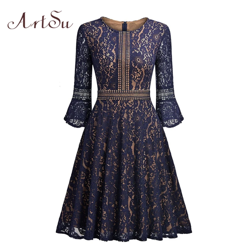 ArtSu Lace Party Midi Dresses Women Vintage Three