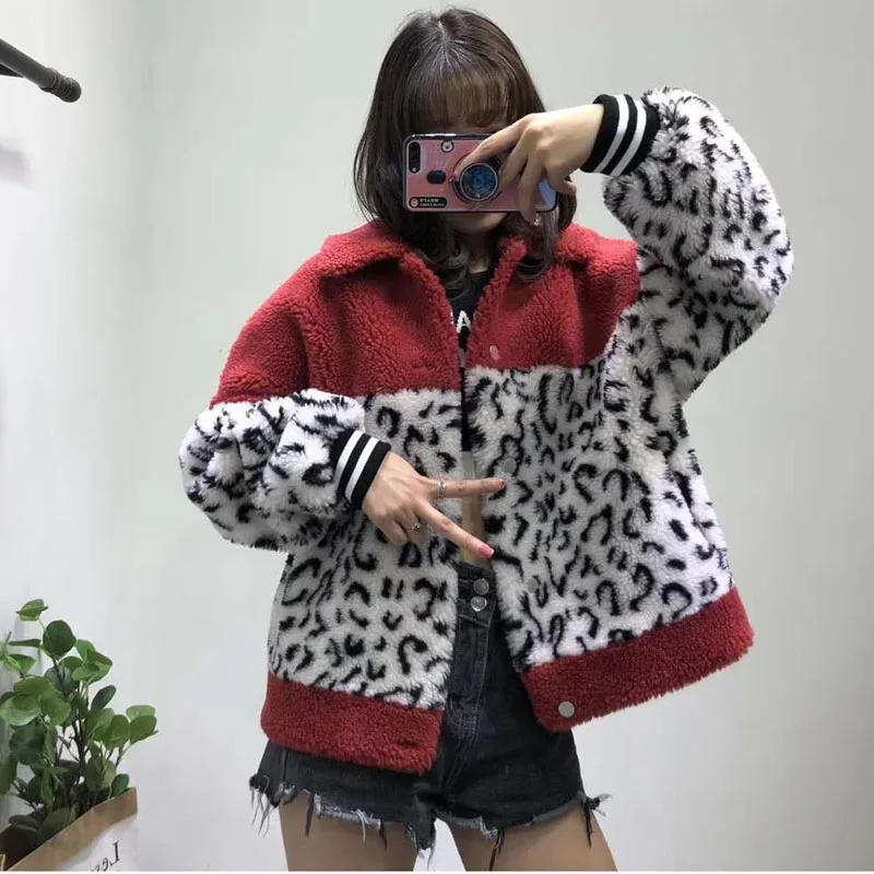 Manteau femme hiver пальто из натурального овечьего меха размера плюс Корейская куртка с натуральным мехом леопардовый узор Лоскутная парка harajuku розовые пальто
