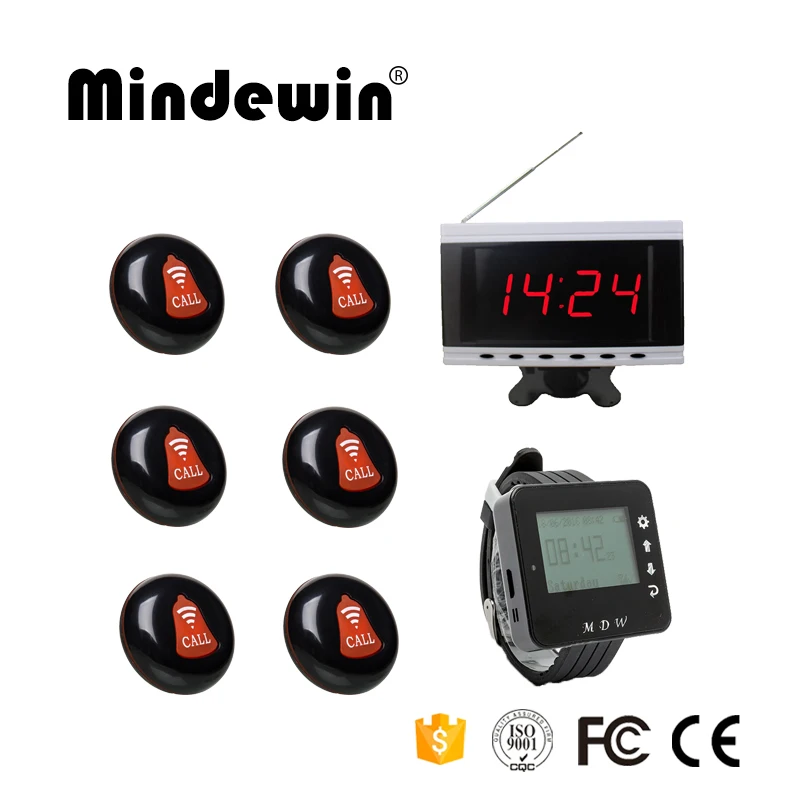 

Mindewin 2017 High Quality Restaurant Wireless Paging System 10PCS Calling Pager Button +1PC Watch Pager +1PC LED Display Pager