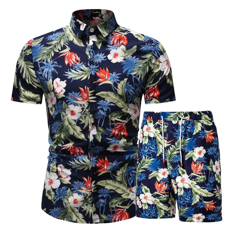 

2019 Summer Fashion Floral Print Shirts Men+Shorts Set Men Short Sleeve Shirts Casual Men Clothing Sets Tracksuit Plus Size 3XL