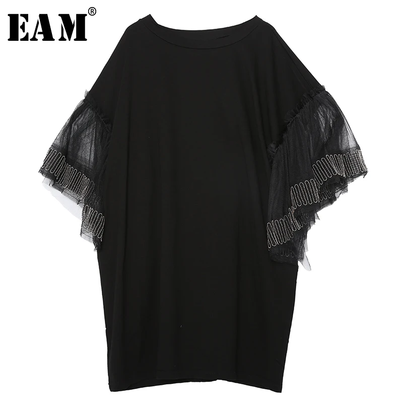 

[EAM] 2019 New Spring Summer Round Neck Three Quarter Sleeve Black Mesh Stitch Big Size Overisze Dress Women Fashion Tide JS978
